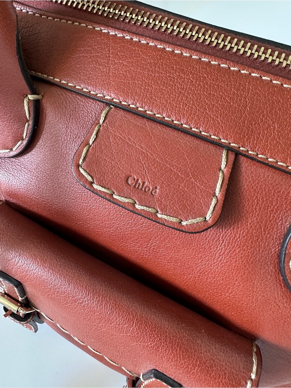 CHLOE Edith Classic Cognac Brown Leather Satchel Handbag Removable Strap - Picture 6 of 15